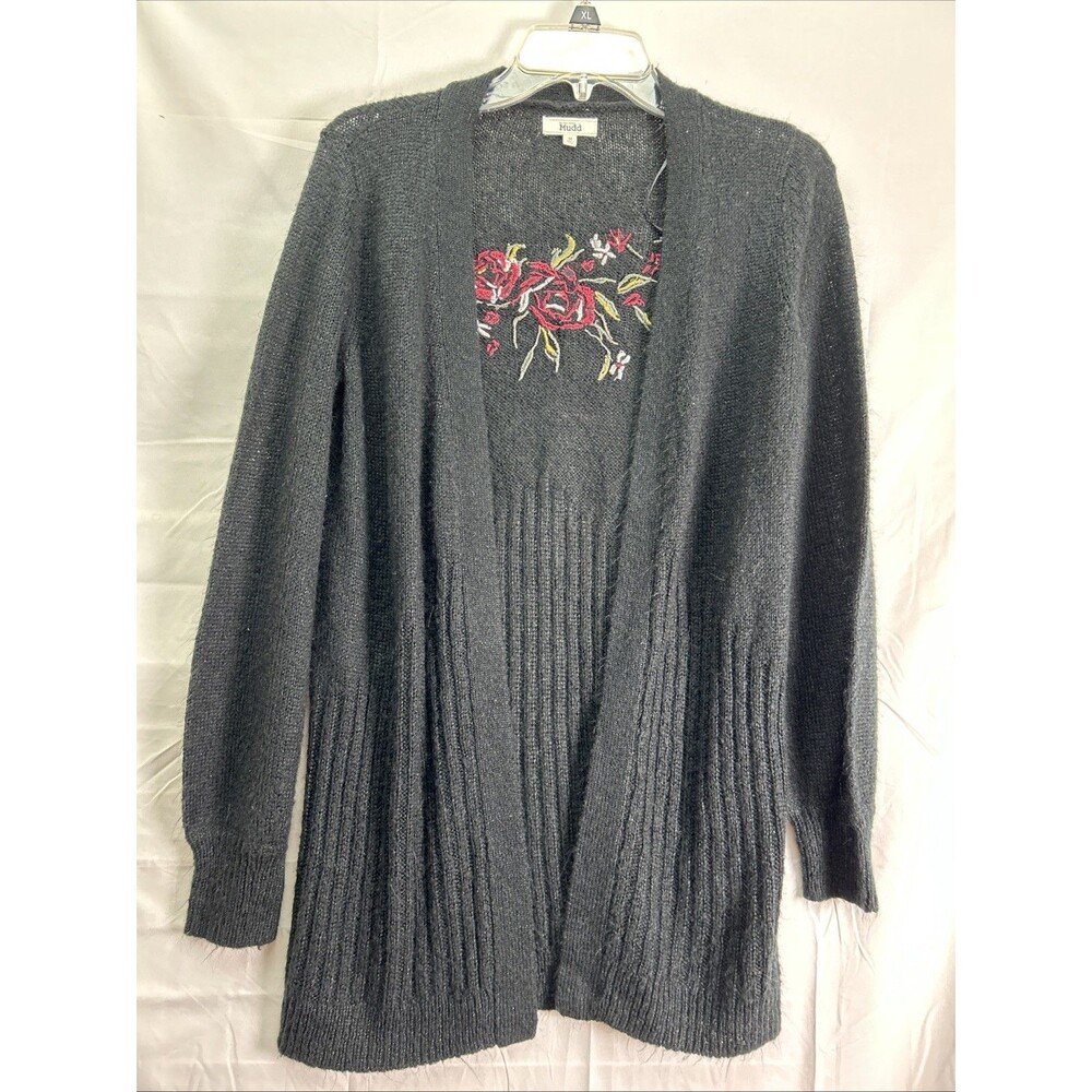 Mudd Womens M Black Floral Embroidered Open Front Long Cardigan Boho Sweater